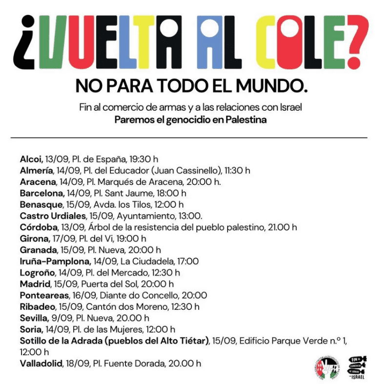 Fin al comercio de armas y a las relaciones con Israel Paremos el genocidio en Palestina Alcoi,13/09, PI. de España, 19:30 h Almería, 14/09, PI. del Educador (Juan Cassinello), 11:30 h Aracena,14/09, Pl. Marqués de Aracena, 20:00 h. Barcelona,14/09, PI. Sant Jaume,18:00 h Benasque,15/09, Avda. los Tilos,12:00 h Castro Urdiales, 15/09, Ayuntamiento, 13:00. Córdoba, 13/09, Árbol de la resistencia del pueblo palestino, 21.00 h Girona, 17/09, Pl. del Vi,19:00 h Granada, 15/09, Pl. Nueva, 20:00 h Iruña-Pamplona, 14/09, La Ciudadela, 17:00 Logroño,14/09, Pl. del Mercado,12:30 h Madrid, 15/09, Puerta del Sol, 20:00 h Ponteareas,16/09, Diante do Concello, 20:00 Ribadeo, 15/09, Cantón dos Moreno, 12:30 h Sevilla, 9/09, Pl. Nueva, 20.00 h Soria, 14/09, Pl. de las Mujeres, 12:00 h Sotillo de la Adrada (pueblos del Alto Tiétar), 15/09, Edificio Parque Verde n.° 1, 12:00 h Valladolid,18/09, Pl. Fuente Dorada, 20.00 h